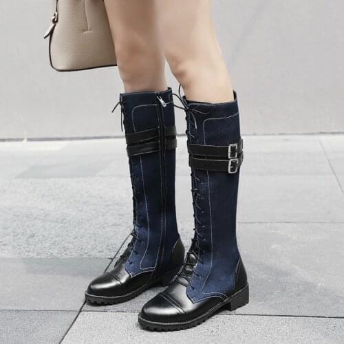 PXELENA Vintage Knight Riding Knee High Boots Female Round Toe Low Heels Denim Long Boots Lace Up Women Shoes 2018 Autumn Winter
