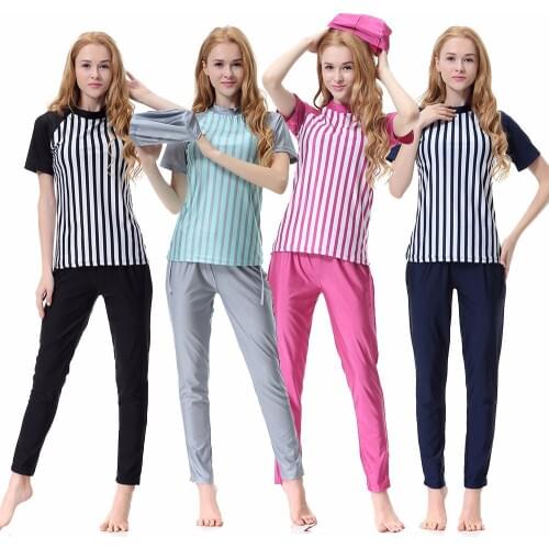 Women Plus Size Modest Muslim Swimwear Striped Short-sleeved Burkinis Hijab Muslimah Islamic Swimsuit Sport Clothing XX-407