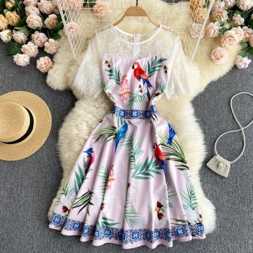 Women Round Neck Short Sleeve Lace Stitching Birds Floral Print Pink Fairy Party Vestidos Summer Sweet Girls Cute Dress 7021