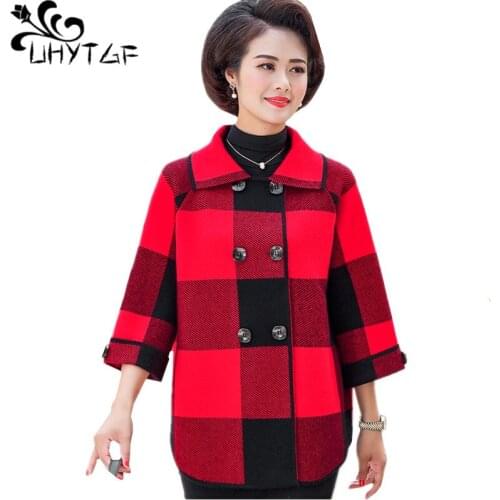 UHYTGF Spring autumn wool coat women fashion plaid elegant Female jacket double-breasted short 6XL plus size tops outerwear 1286