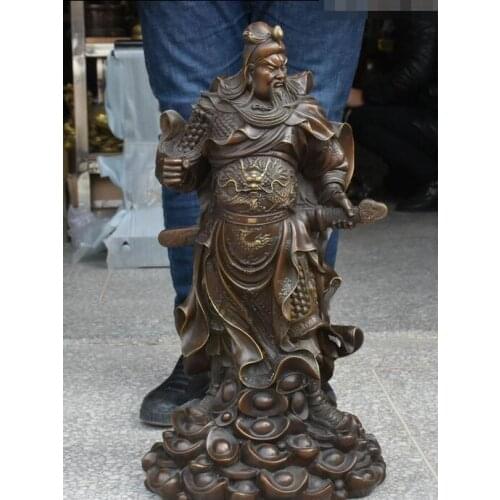 25" Chinese Pure Bronze Wealth Yuanbao Guan Gong Yu Warrior God Guangong Dragon