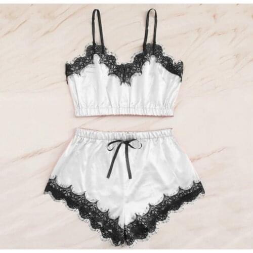 50% Dropshipping!Sexy Women Lace Patchwork Elastic Sleepwear Set Adjustable Straps Bra Shorts Pajama Sets