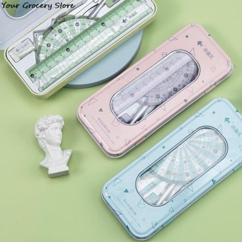 7Pcs/8Pcs School Maths Geometry Compass Ruler Eraser Rubber Protector Square Keepsake Tin Case Set For Kids Children