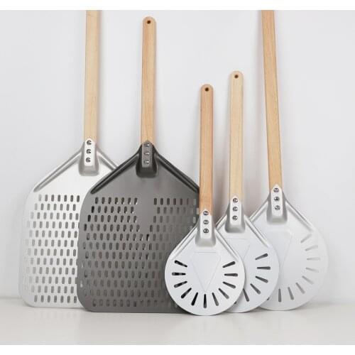 Aluminum Pizza Shovel Pizza Turning small Pizza Peel Paddle Short round Pizza Tool Non Slip wooden Handle 7 8 9 inch Perforated