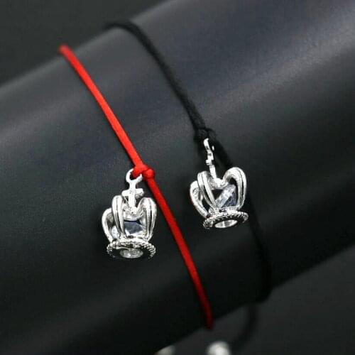 2pcs/1set Minimalism Silver Color Crystal Zircon AAA Crown Bracelet Red Rope Thread Love Couples Bracelets Men Jewelry Pulseira