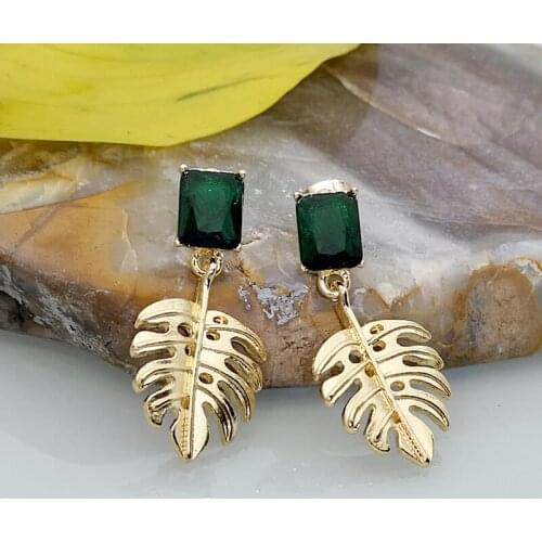 Rongrong European Creative Palm Palm Leaf Ear Nails Fashion Emerald Bohemian Holiday Temperament Earrings