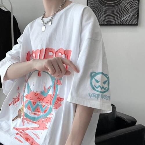 Oversized T Shirt Men Summer Print Hip Pop Short Sleeve O Neck Korean Fashion High Street Vintage Cotton Male Colothing Top
