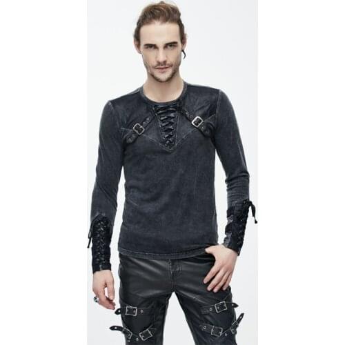 Punk Rock Long Sleeve Men T-shirt Gothic Black Brown Lacing Shoulder T-shirts For Men Slim Fit Fitness Fashion Streetwear
