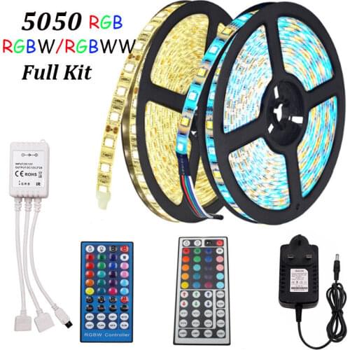 SMD 5050 RGBW LED Strip Lihgt Waterproof Flexible RGB Led Tape DC12V 5M 300LED+ 3A Power Supply + 40Key/44Key Remote Controller