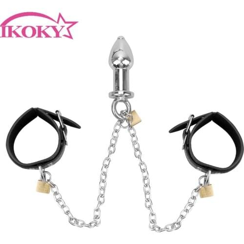 IKOKY Anal Plug Erotic Sex Toys For Women Handcuff Bondage Kit Leather Wrist Cuff Adult Products Sex Restraints with Anal Plug