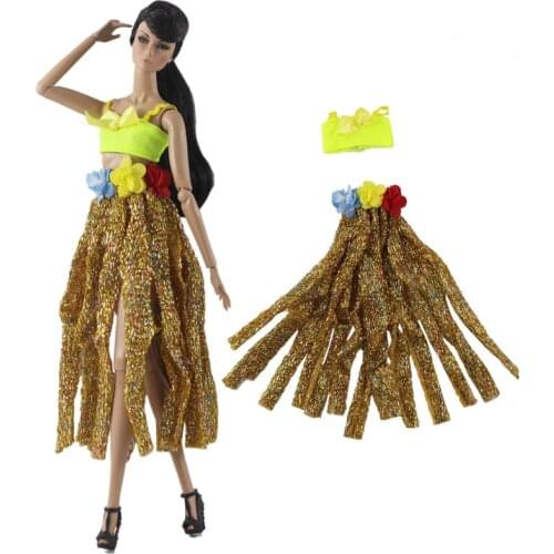 1Set Dancing Outfits Sets for Barbie Doll Clothes Yellow Top Vest Striped Skirt Hula Cosplay Costume 1/6 BJD Dolls Accessories