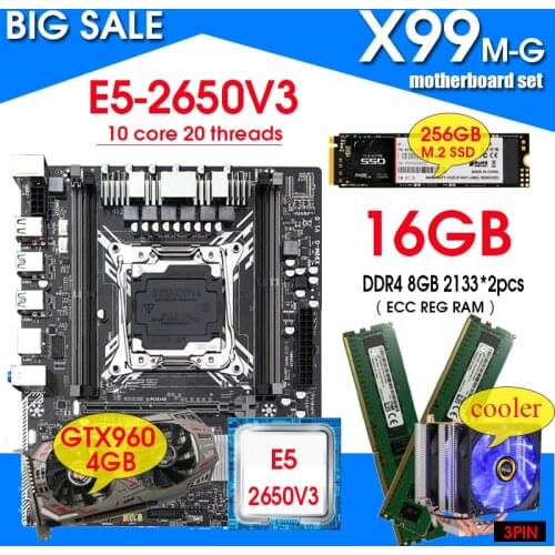 X99 M-G Motherboard LGA2011-V3 E5 2650 V3 CPU 2pcs 8GB 2133 = 16GB REG Memory with 256GB M.2 SSD GTX960 4GB GPU Cooler Combos