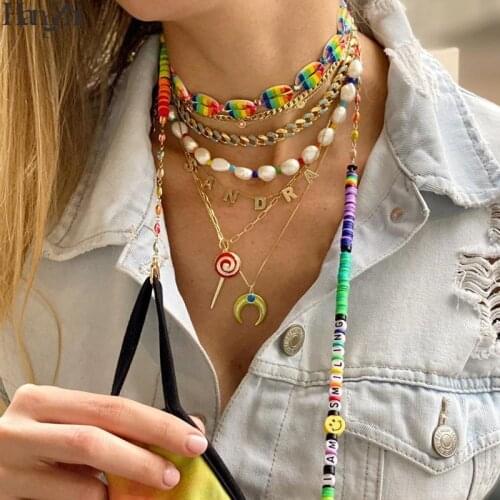 HangZhi 2021 New Multi-use Colorful Soft Pottery Chips Smiling Letter Enamel Eyes Mask Chain Eyeglasses Anti-lost Cord for Women