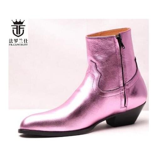 2019 FR.LANCELOT Pink Shiny Genuine Leather Men Boots Top Quality Side Zipper Low Heel Party Wedding Shoes Mens Trainers