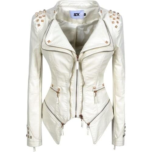 New Fashion Motorcycle PU Faux Leather rivet Jacket Women windbreak Zippers Biker studs Coat Slim Female streetweart Outerwear