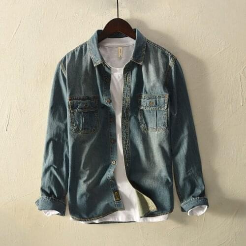 Autumn Men Denim shirt Casual Slim Fit Streetwear Blouse Lapel Button Long Sleeve Tops