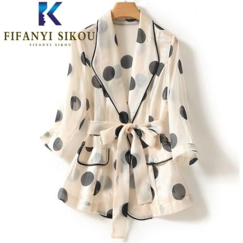 High Quality Organza Suit Jacket Women Single Button Fashion Polka Dot Print Blazer Jacket Ladies Loose Summer Thin Blazers Coat