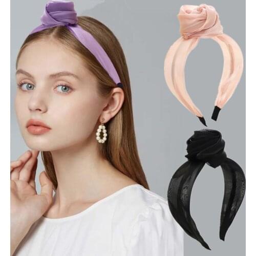 Xugar New Women Gauze Headband Rose Flower Headdress Bright Silk Hair Bow Bands Hoops Bezel Wide Hairband Hair Accessories