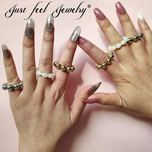JUST FEEL Fashion Elegant Beaded Pearl Rings for Women Gold Silver Color Metal Round Bead Chain Ring Punk Hip hop Party Jewelry