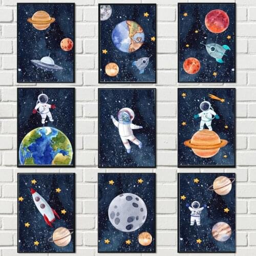 Space Astronaut Planet Rocket Moon Nursery Wall Art Canvas Painting Nordic Posters And Prints Wall Pictures Baby Kids Room Decor