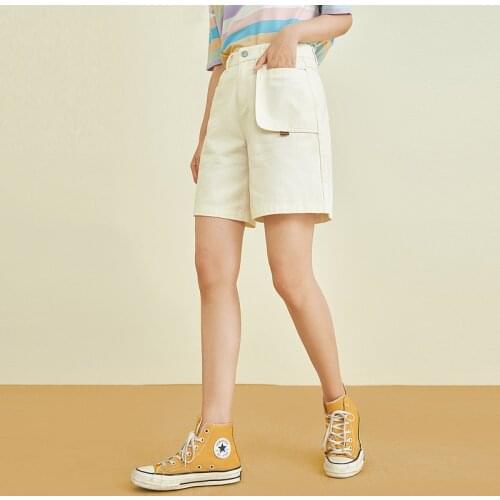 INMAN Summer Womens Shorts Casual Retro Literary Style Creative Stitching Pocket Logo Wide Cuffs Cotton Pure Color Bottoms