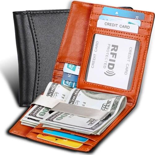Super Thin 100% Genuine Leather Mini Wallet RFID Anti-theft Brush Cowhide Purse Unisex Men Women Card Bag