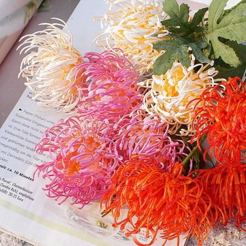 3 Heads golden chrysanthemum branch plastic Artificial flowers flores DIY wedding home decoration plant green leaves