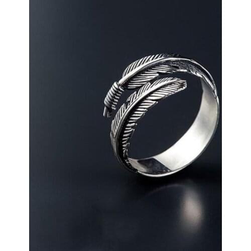 Retro High-quality Silver Plated Thai Silver Color Not Allergic Personality Feathers Arrow Opening Rings Dropshipping