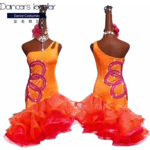 High-end Custom Latin Dance Costume Female Adult Oblique Shoulder Big Flower Fish Bone Skirt Chacha Lumba Competition Costume