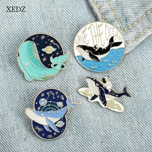 XEDZ Blue ocean whale enamel brooch astronaut space adventure cute animal badge fashion jewelry jewelry gift friends