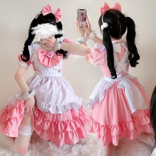 Candy Lolita Sweet Style Cute Cat Cafe Maid Outfit Pink Princess Dresses Flouncing Bow Trim Japanese Harajuku Doll Teen Dress