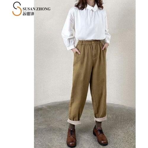 Women Pants Feme Trousers 2021 Spring Summer New Natural Normcore Indi Clothing Loose Wide-Leg Cotton Elastic Waist Pocket Retro