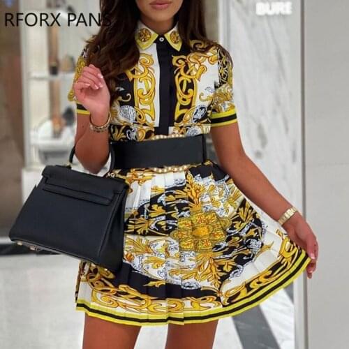 Women Chic Casual Graphic Western totem Pleated Skirt Sets