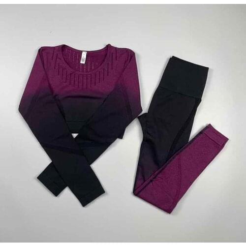 Womens Gradient Color 2 Piece Sportswear Workout Set-Seamless High Waist Tights and Long Sleeve Top Yoga Workout Fitness Set