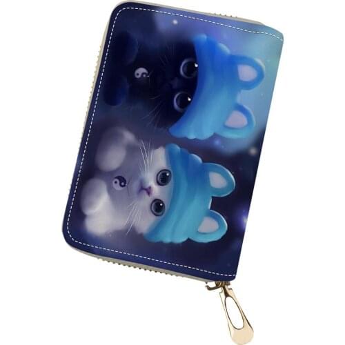 HaoYun Women PU Leather Business Card Holder Fantasy Cats Pattern Girls Money Purse Bags Kawaii Animal Design Mini Cluth Wallets