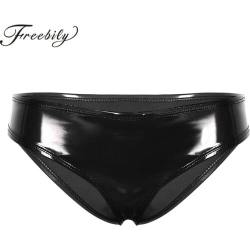 Women Wetlook Patent Leather Latex Panties Lingerie Low Rise High Cut Mini Bikini Briefs Solid Color Sexy Lady Thong Underwear