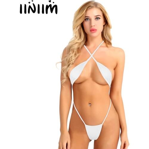 Iiniim Women Lingerie Bodystocking Sexy Body String Teeny Sling Shot One-Piece Criss Cross Backless Mini Bikini Bodysuit Teddies
