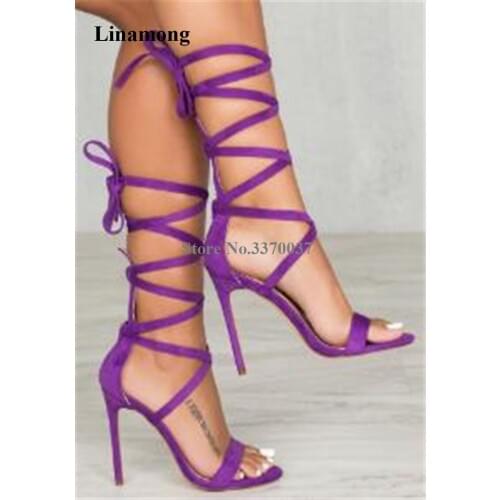 Summer New Fashion Women Open Toe Suede Leather Stiletto Heel Gladiator Sandals Straps Cross High Heel Sandals Dress Heels Shoes