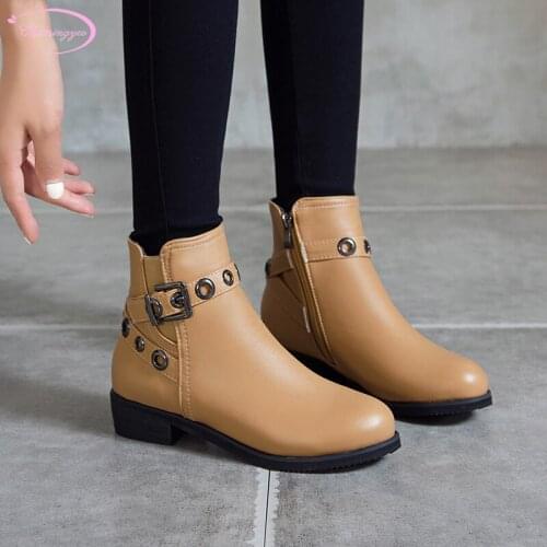 Casual style round head motorcycle boots belt buckle zipper white black apricot medium heel chunky ankle boots womens shoes