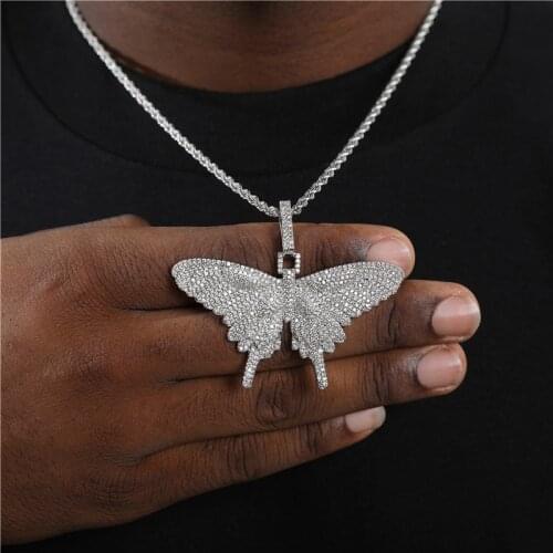 Hip Hop Bling Animal Butterfly Iced Out Bling Cubic Zircon Solid Back Necklace & Pendant For Men Jewelry Charm Tennis Chain