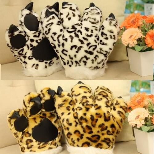 Simulation Leopard Paw Plush Gloves Fluffy Animal Stuffed Toys Cosplay Mittens H9ED