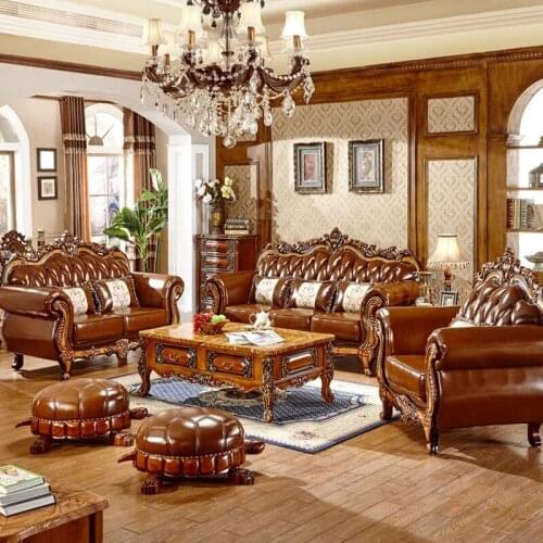 European style leather sofa American style solid wood large and small family living room leather sofa 1234 combination luxury