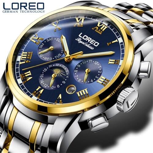 LOREO 2019 Fashion Blue Design Complete Calendar Three Small Dial Silver Stainless Steel Automatic Mechanical Watches for Men