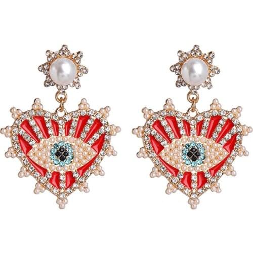 Fashion Lurury Crystal Rhinestone Eye Earrings Women Accessories Red Heart Pearl Earrings 2020 New Statement ZA Earrings Jewelry