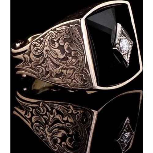 Vintage Fashion Black Glue Geometric Rhinestone Rings For Men Antique Jewelry Rose Gold Color Carved Pattern Ring Male Accessory