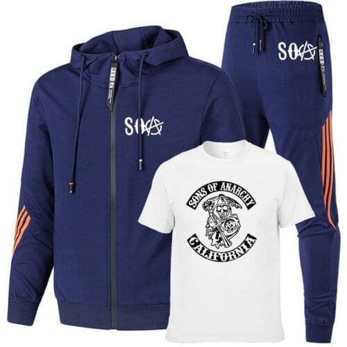 SOA Sons of anarchy the child Skull Printed Fashion Mens suits high quality cotton stripe Mens sweatshirt+T-shirt+pants 3-piec