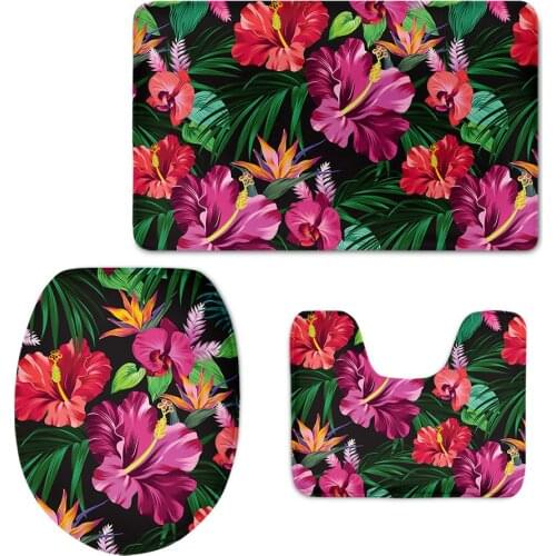 Tropical Hibiscus Flower Pattern Bathroom Toilet Seat Cover Set Carpet Washable Home Washroom Accessories Floor Non-slip Rugs