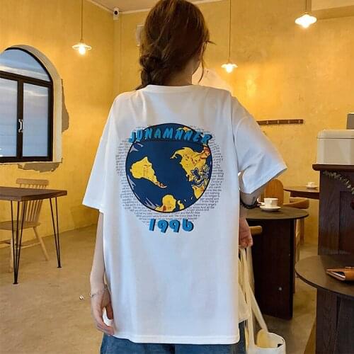 2021 new printed short-sleeved womens summer loose T-shirt American retro bottoms missing tops wild round neck