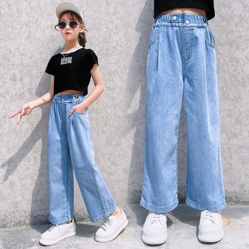 NEW Kpop Fashion Girl Pants Jeans Loose Leisure Wide Leg Summer Thin Clothes Student Teens Kids Comfort Straight Long Trousers