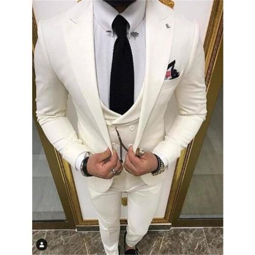 New Arrival Men Suits Ivory Groom Tuxedos Peak Lapel Groomsmen Wedding Bridegroom 3 Pieces ( Jacket + Pants + Vest + Tie ) D144